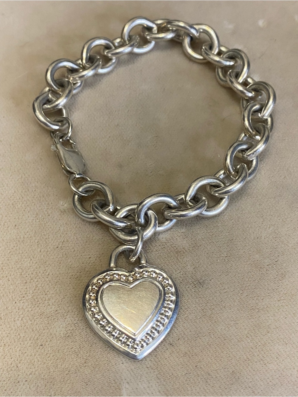 Heavy Sterling Silver Chunky Link Heart Charm Bracelet 925